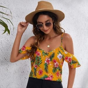 SHEIN Tropical Print Cold Shoulder Top